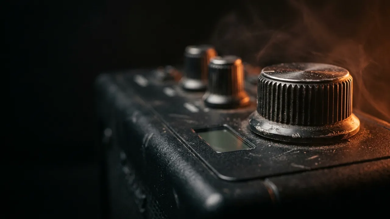 A large rotary encoder next to a small blank display on a practice amp