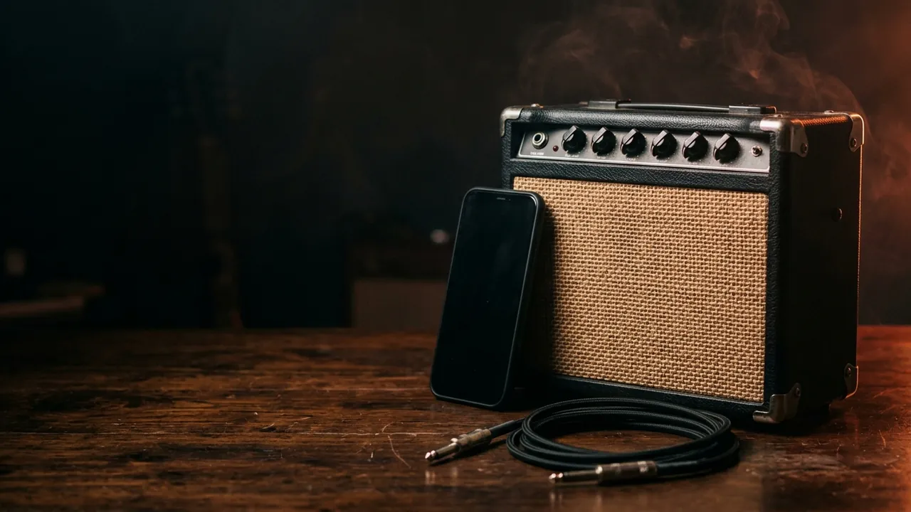 A small desktop practice amp with a phone leaning on it, its screen dark
