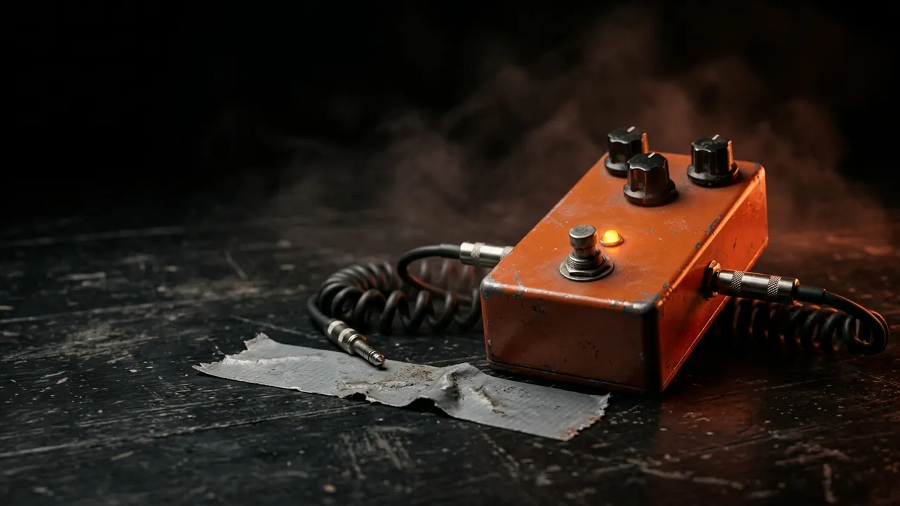 A worn burnt-orange distortion pedal on a stage floor beside gaffer tape