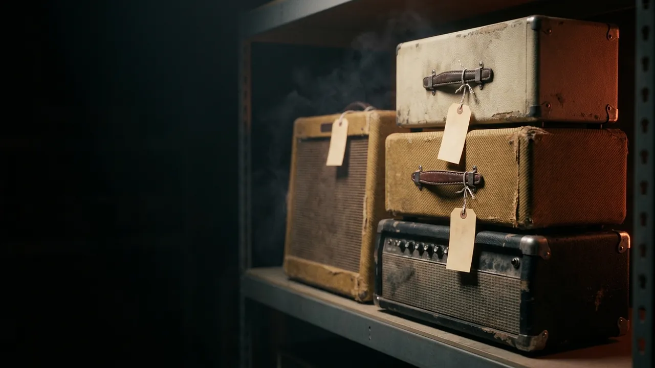 A shelf of vintage amp heads and combos, each with a blank paper tag
